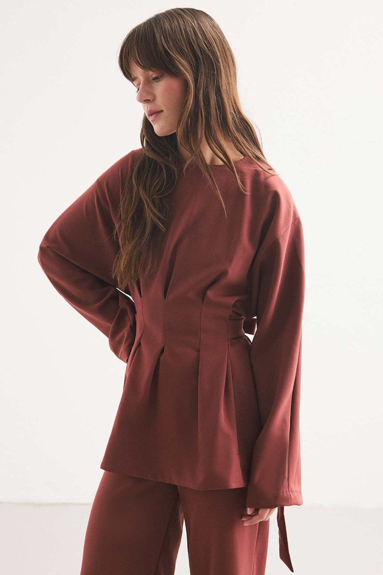 Pile Detaylı Bluz Toprak Pantolon Takım