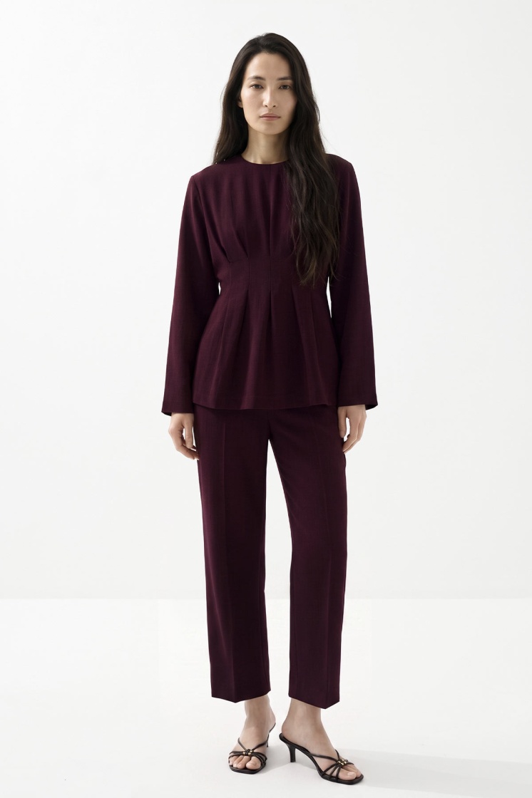 Pile Detaylı Bordo Bluz Pantolon Takım