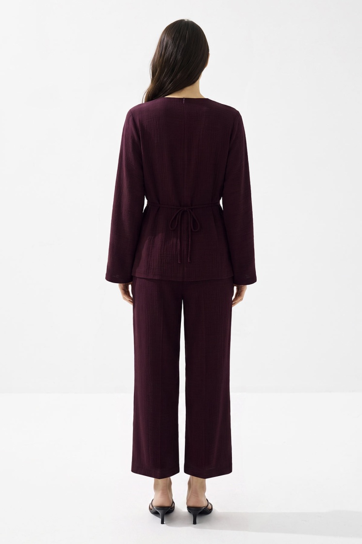 Pile Detaylı Bordo Bluz Pantolon Takım