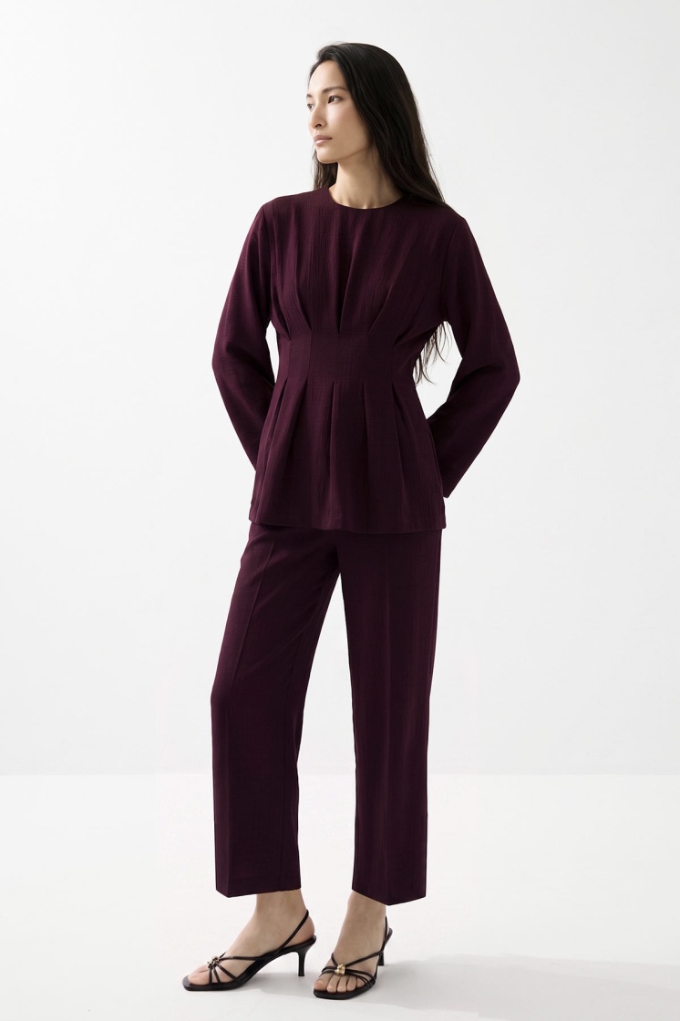 Pile Detaylı Bordo Bluz Pantolon Takım