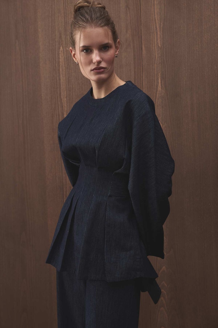 Pile Detaylı Denim Lacivert Bluz