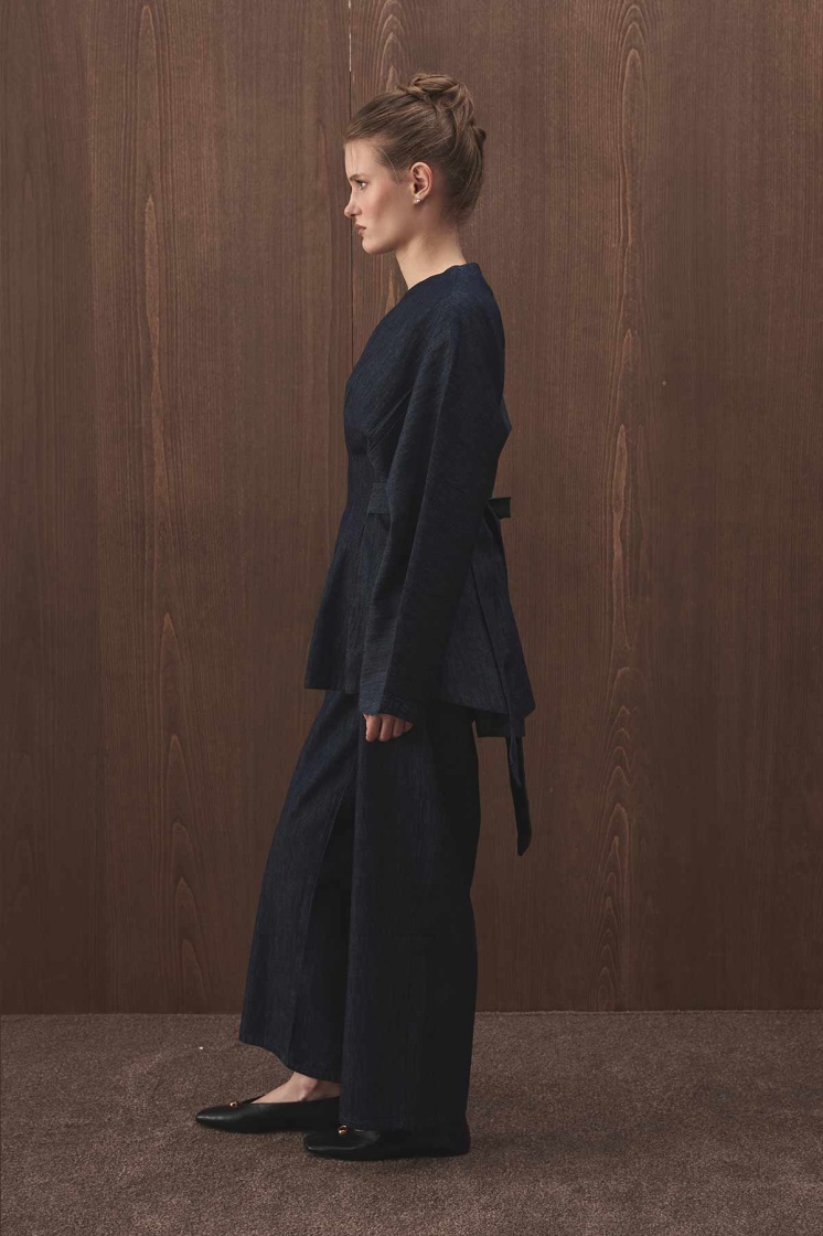 Pile Detaylı Denim Lacivert Bluz