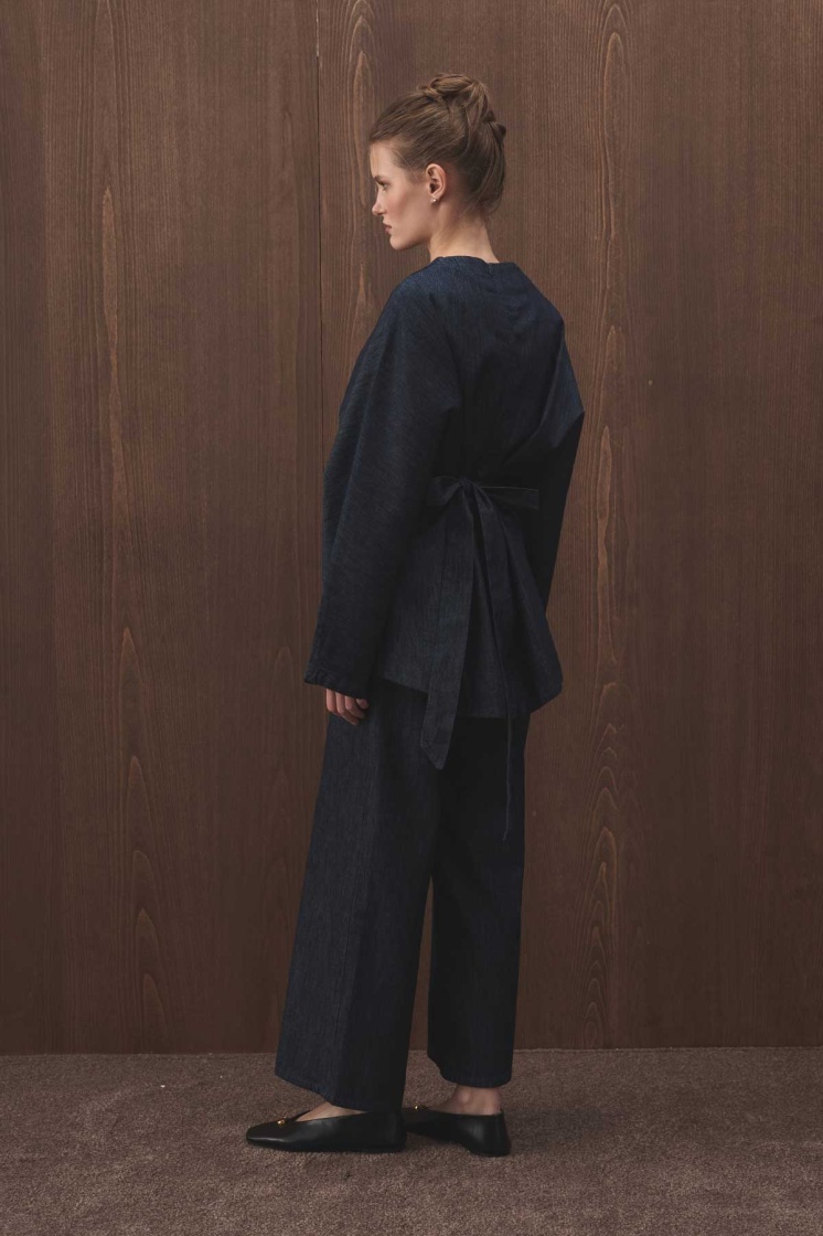 Pile Detaylı Denim Lacivert Bluz