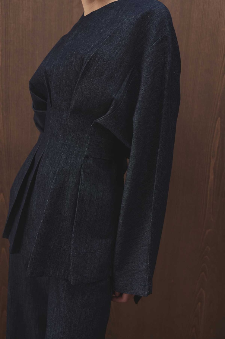 Pile Detaylı Denim Lacivert Bluz