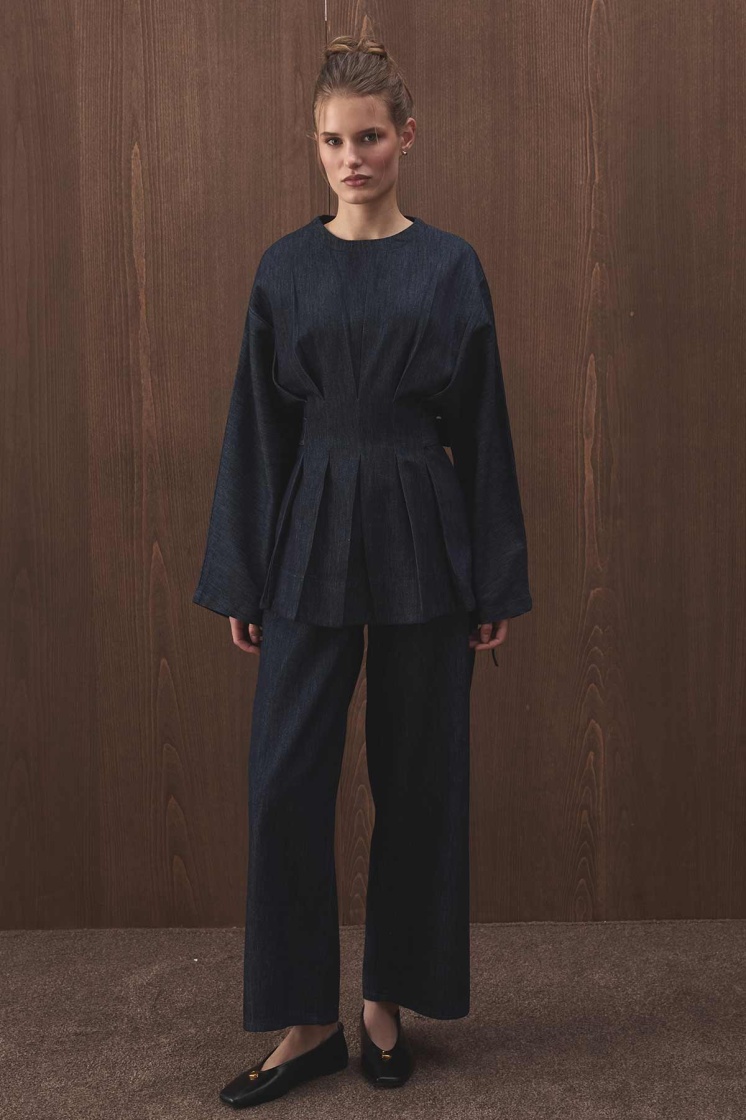 Pile Detaylı Denim Lacivert Bluz
