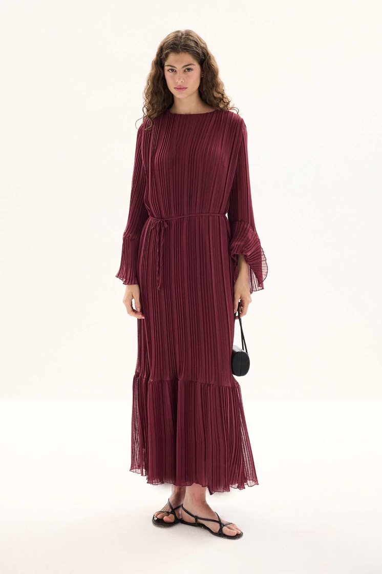 Pilise Detaylı Rahat Form Bordo Elbise