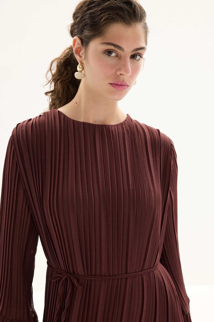 Pilise Detaylı Rahat Form Kahve Elbise - 5