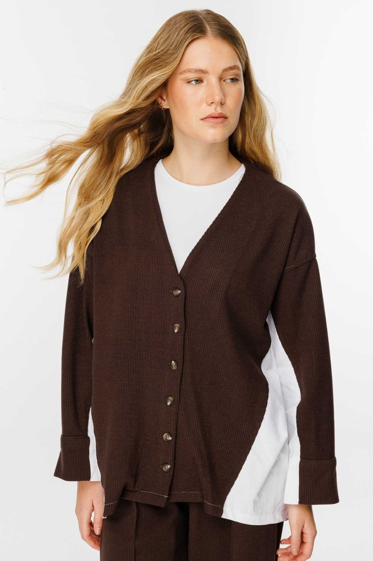 Poplin Triko Hırka Detaylı Kahve Pantolon Takım - 6