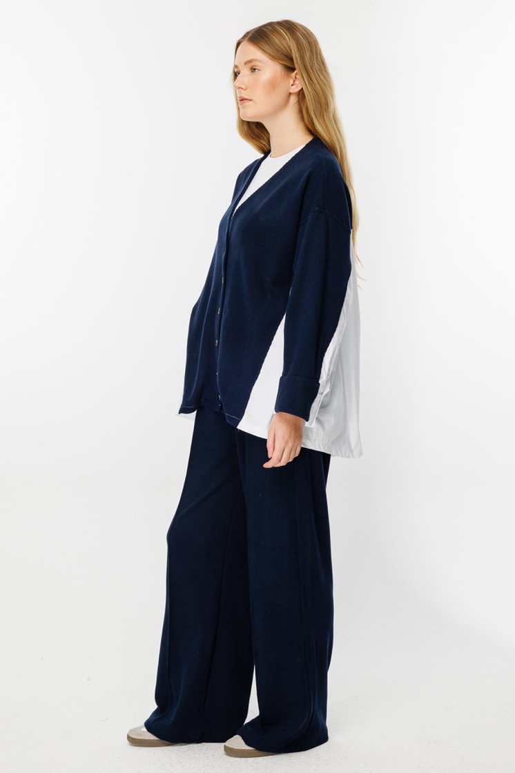 Poplin Triko Hırka Detaylı Lacivert Pantolon Takım - 5
