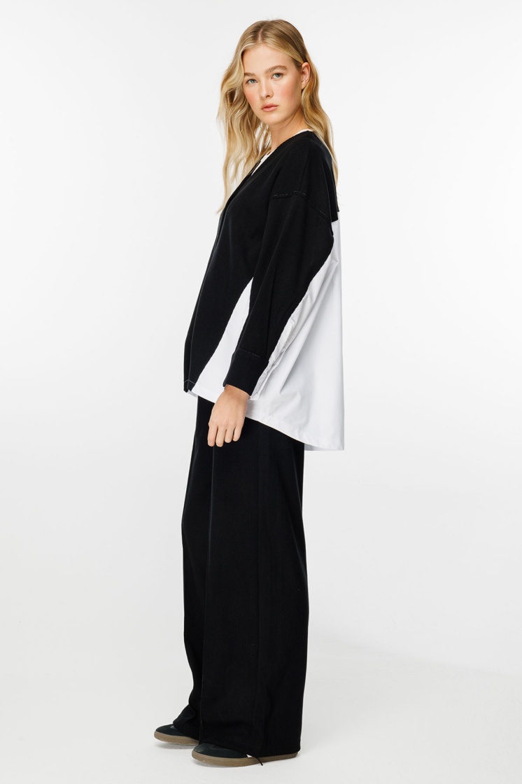 Poplin Triko Hırka Detaylı Siyah Pantolon Takım - 8