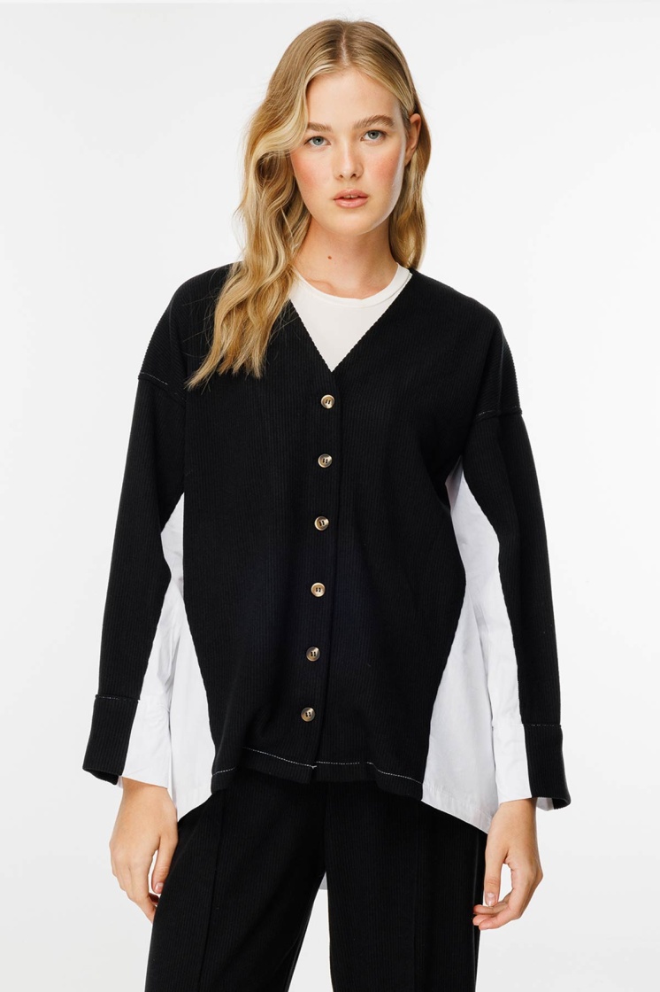 Poplin Triko Hırka Detaylı Siyah Pantolon Takım