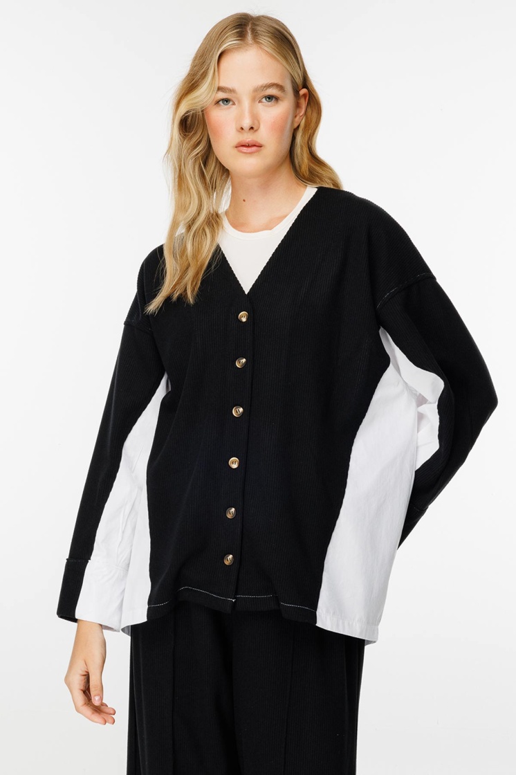 Poplin Triko Hırka Detaylı Siyah Pantolon Takım - 5