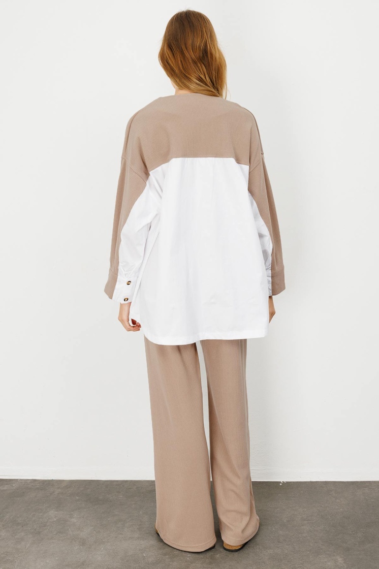 Poplin Triko Hırka Detaylı Vizon Pantolon Takım - 6