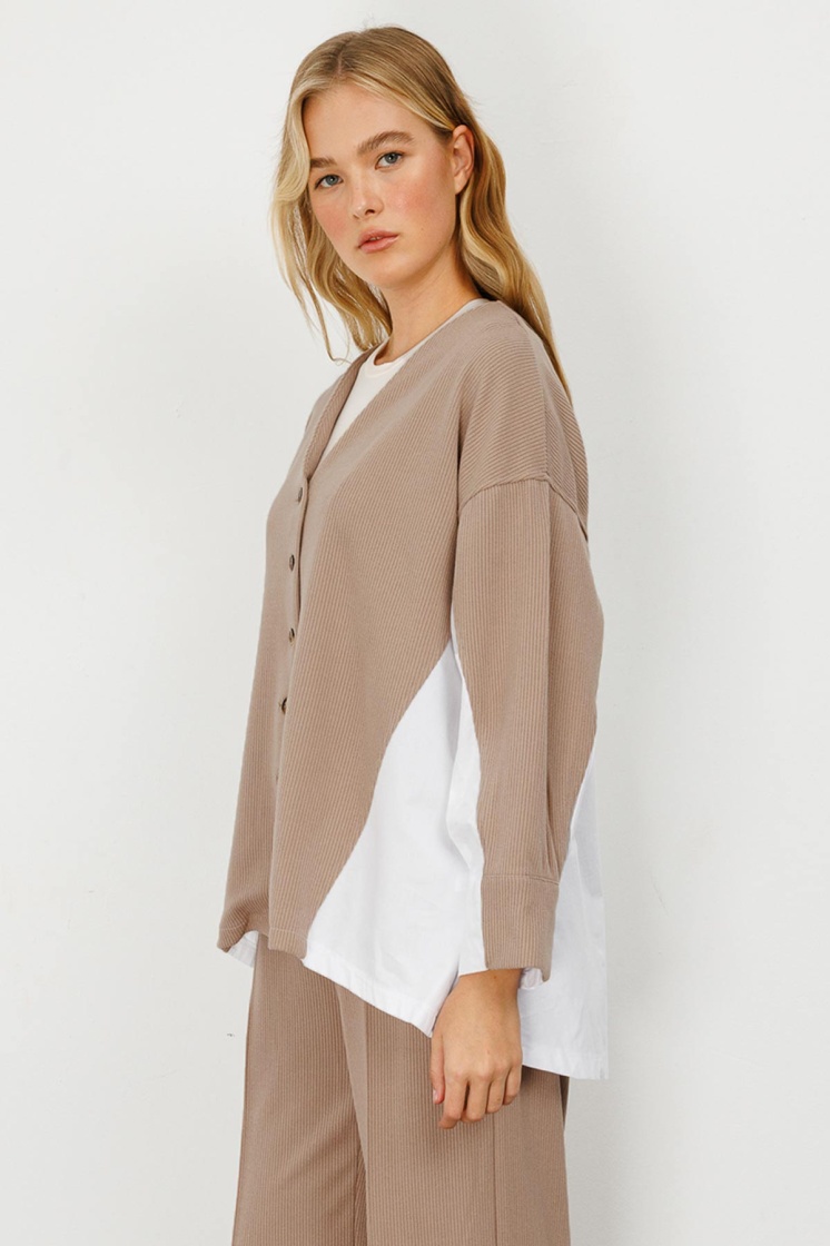 Poplin Triko Hırka Detaylı Vizon Pantolon Takım - 5