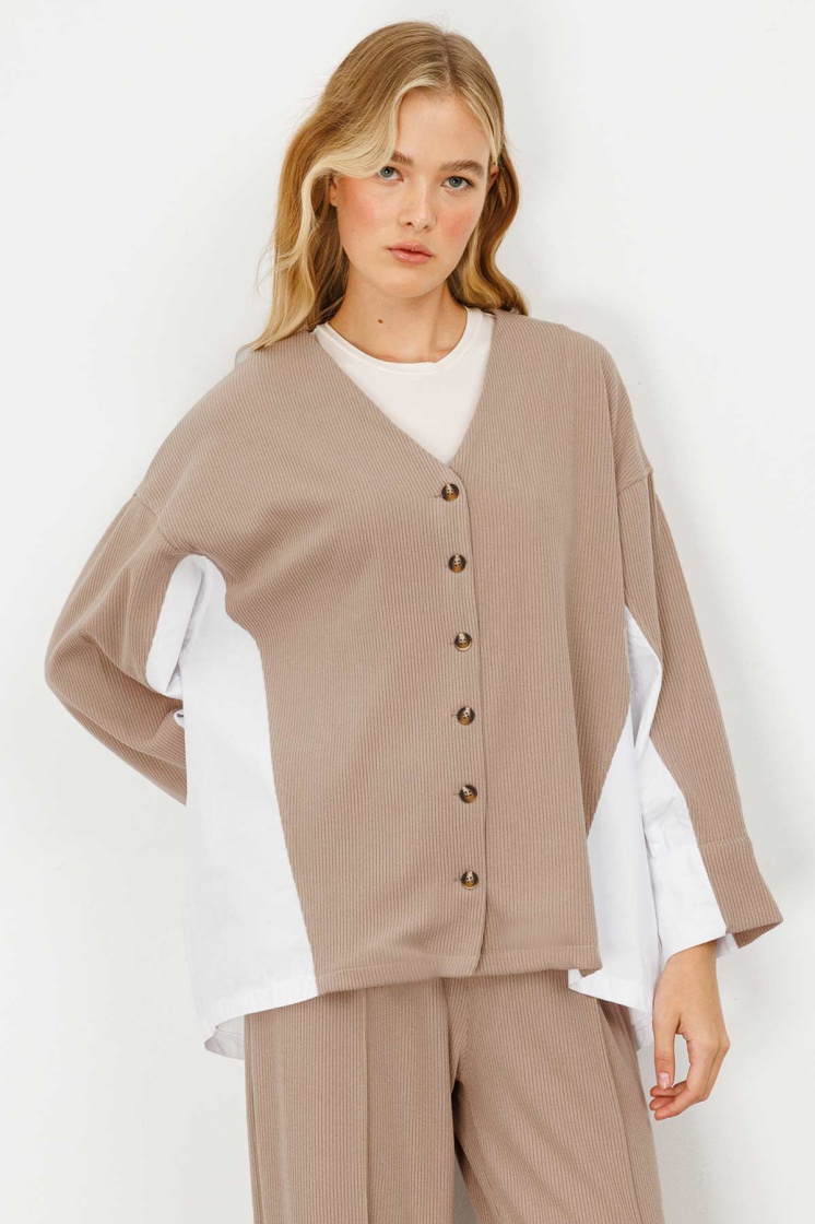 Poplin Triko Hırka Detaylı Vizon Pantolon Takım