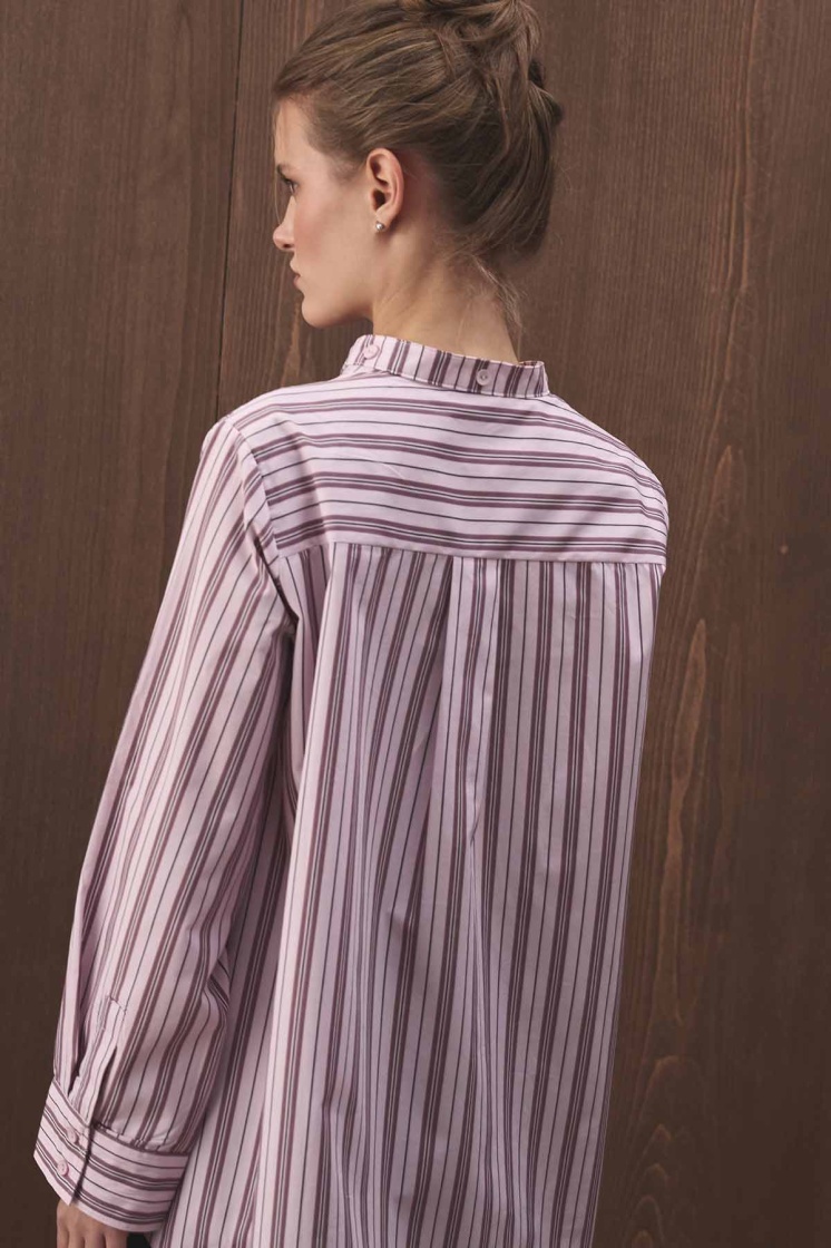 Premium Çıkarılabilir Bağlama Detaylı Çizgili Poplin Mürdüm Gömlek - 5