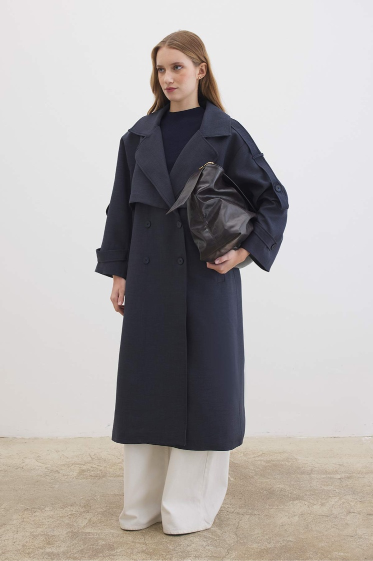 Premium Oversize Lacivert Trençkot - 5