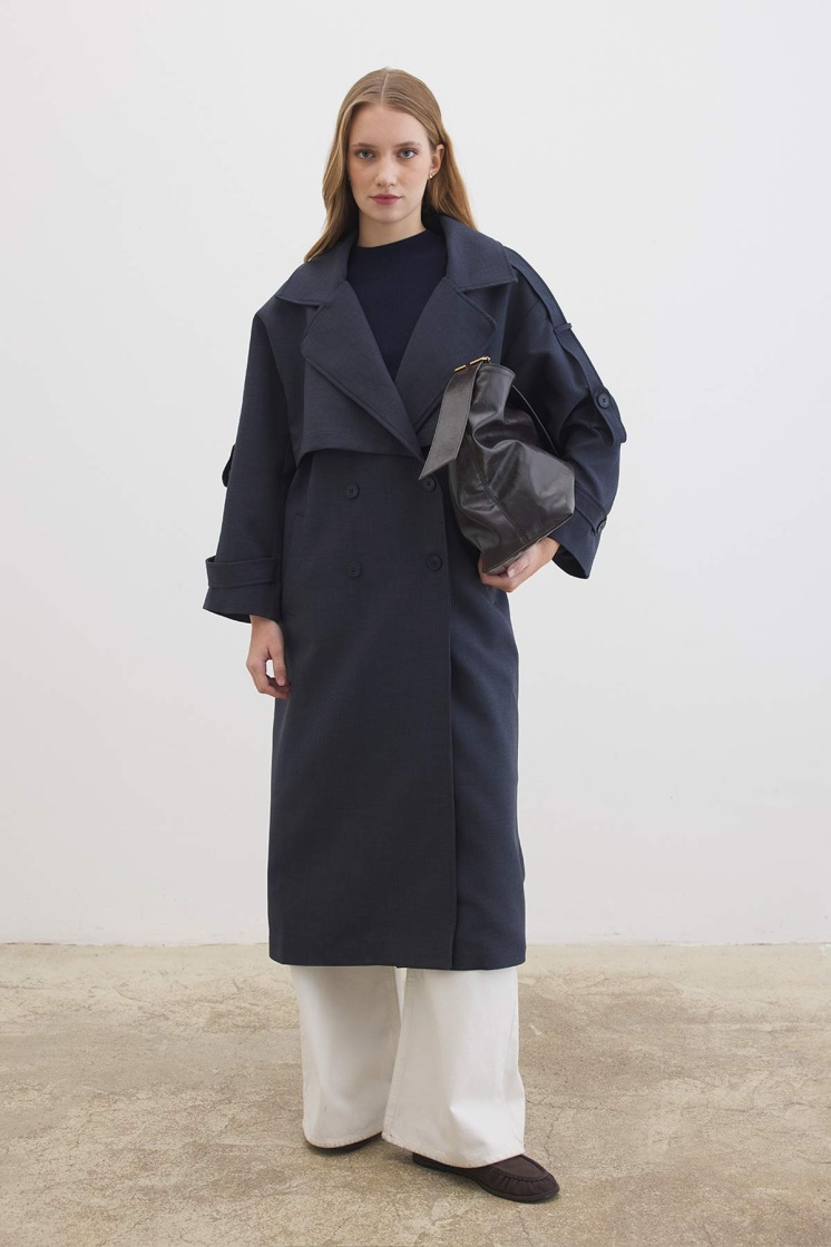 Premium Oversize Lacivert Trençkot - 6