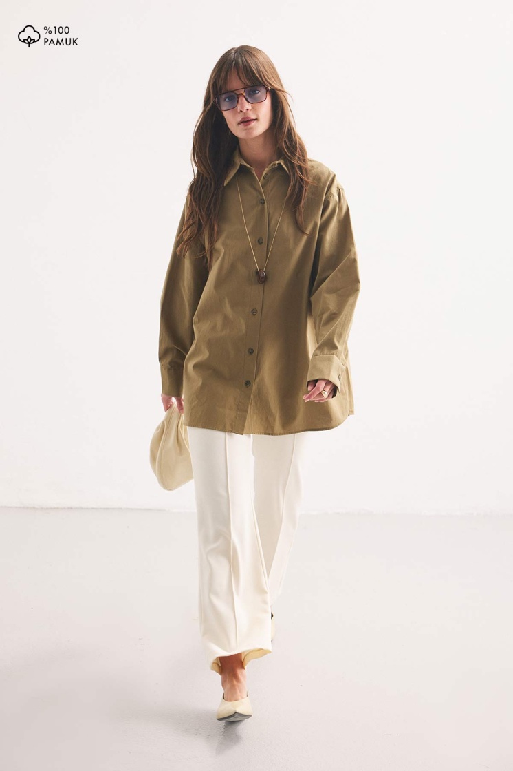 Premium Pamuk Oversize Olive Gömlek