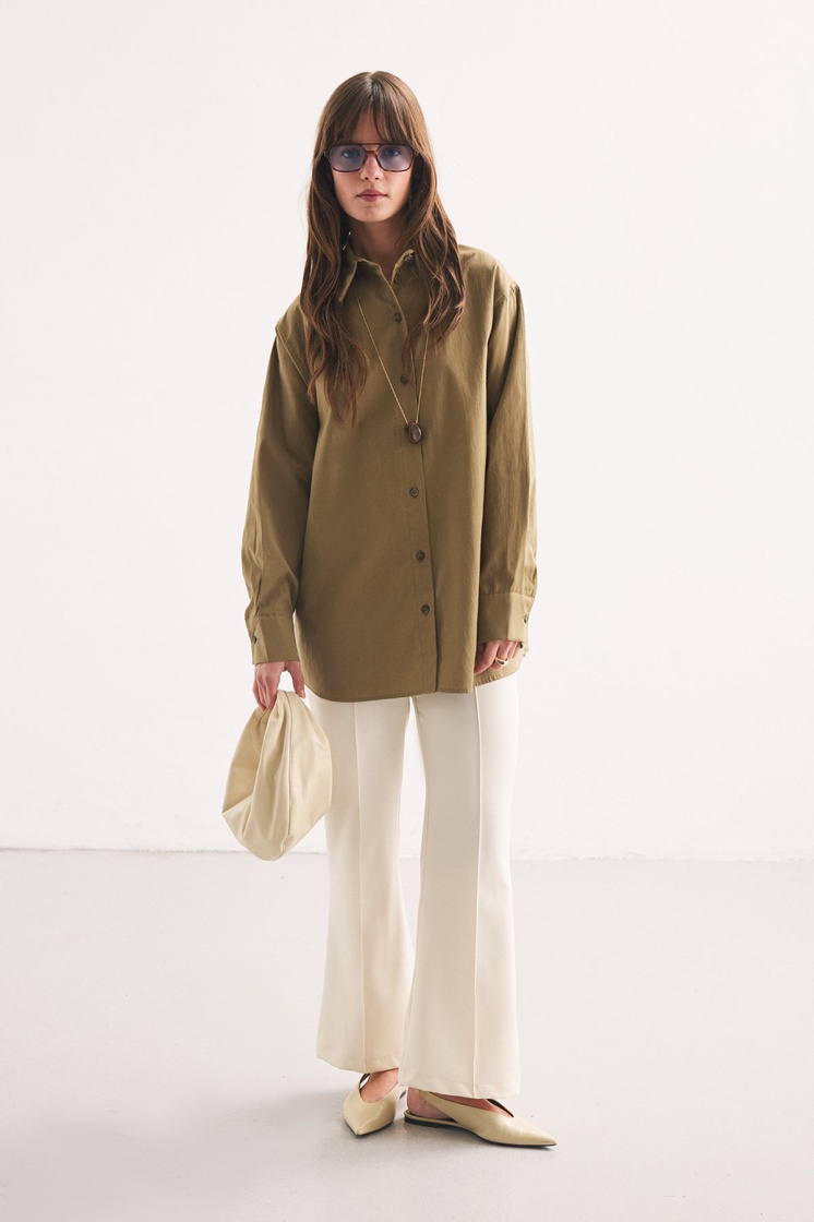Premium Pamuk Oversize Olive Gömlek