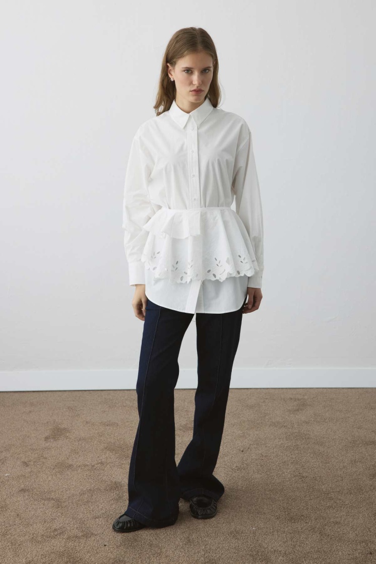Premium Poplin Pilise Detaylı Nakışlı Beyaz Yaka - 5