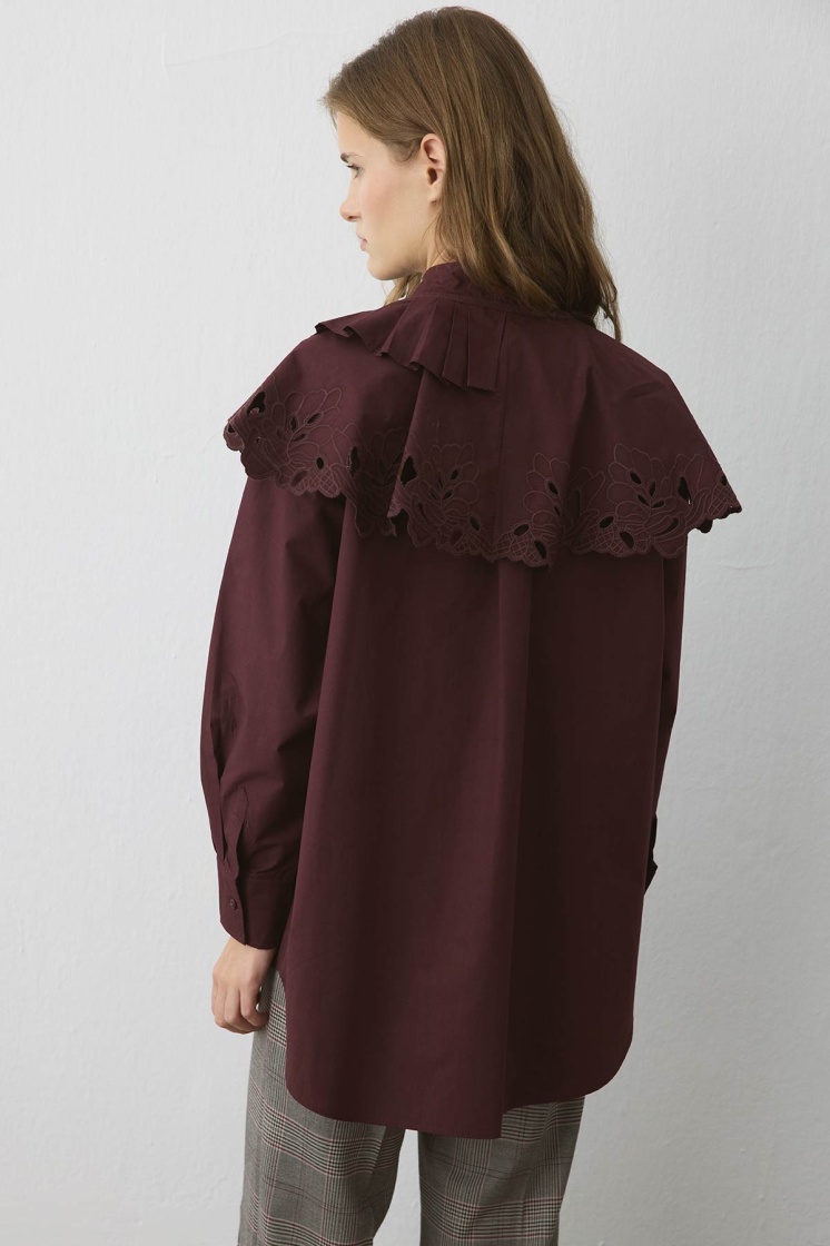 Premium Poplin Pilise Detaylı Nakışlı Bordo Yaka