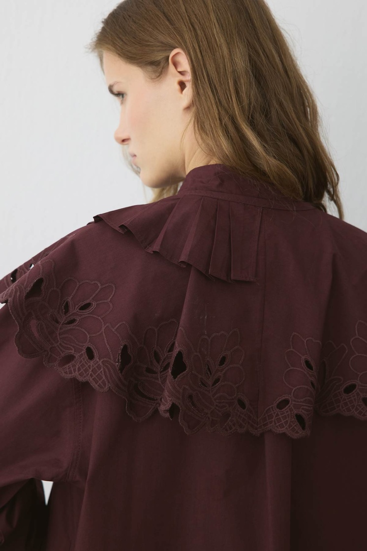 Premium Poplin Pilise Detaylı Nakışlı Bordo Yaka