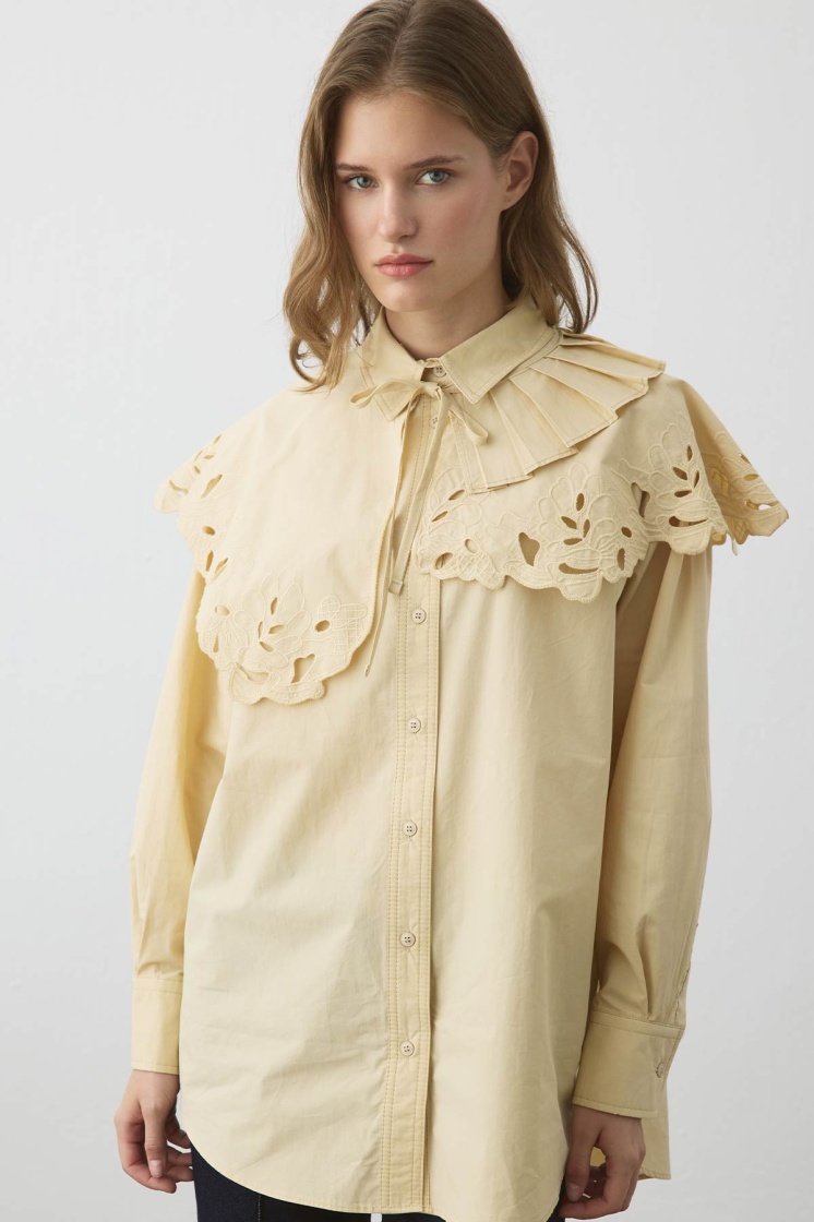 Premium Poplin Pilise Detaylı Nakışlı Butter Yellow Yaka