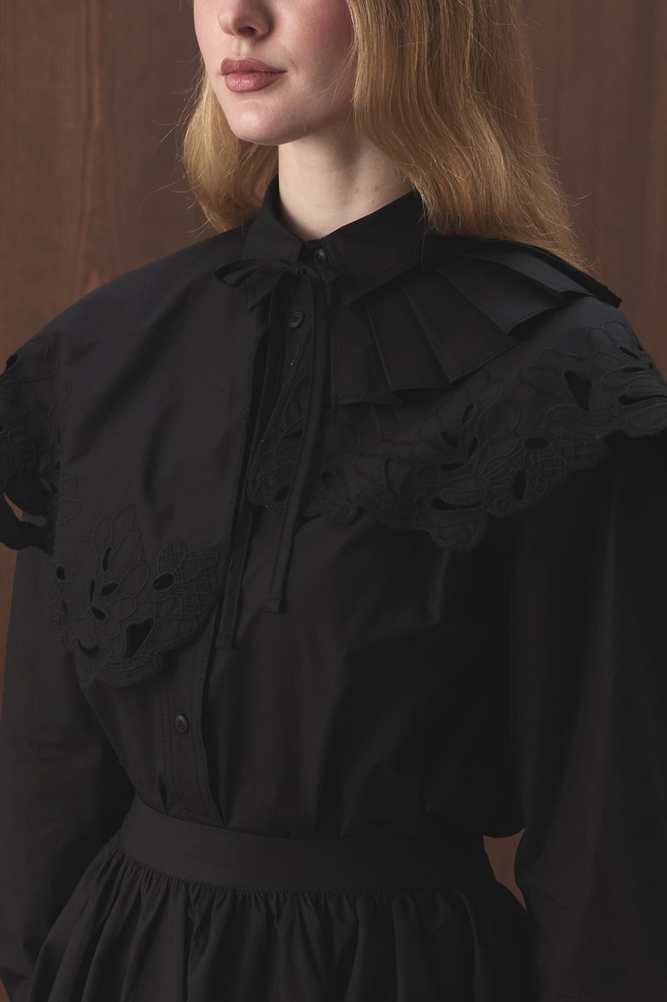 Premium Poplin Pilise Detaylı Nakışlı Siyah Yaka - 6