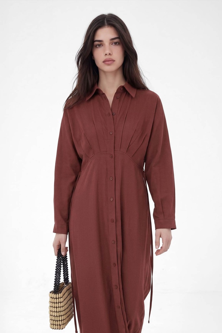 Reglan Kol Düğmeli Mercan Elbise