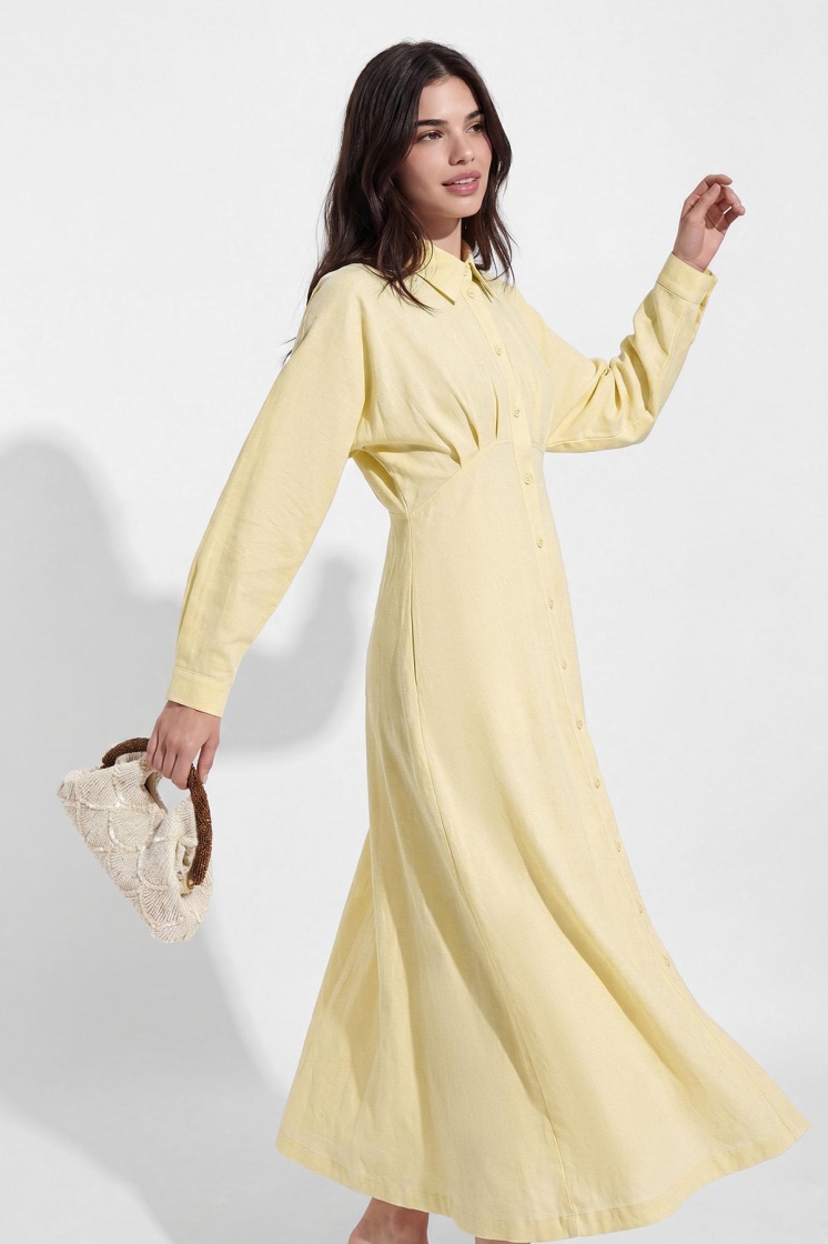 Reglan Kol Düğmeli Tereyağı Sarısı Elbise