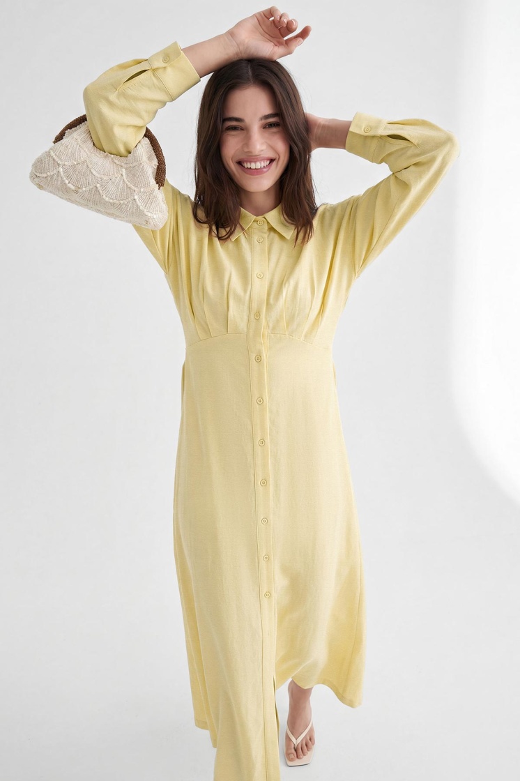 Reglan Kol Düğmeli Tereyağı Sarısı Elbise - 5