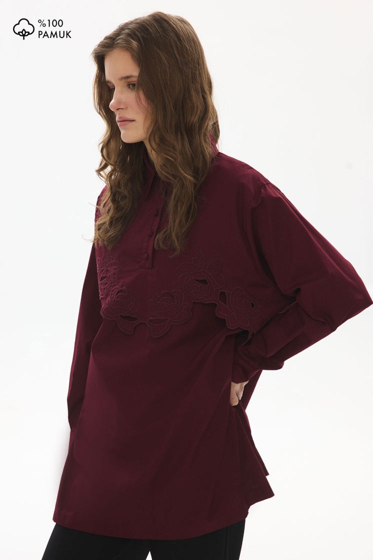 Rose Nakış Detaylı Poplin Bordo Gömlek