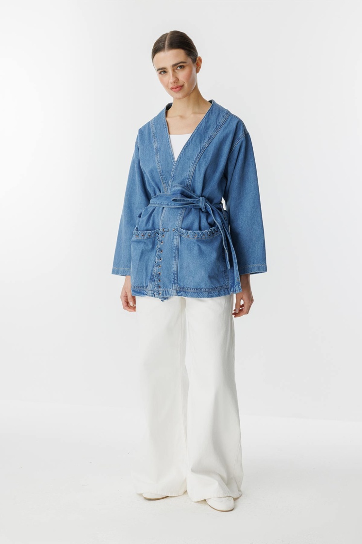 Sinna Örgü Mavi Denim Ceket - 5