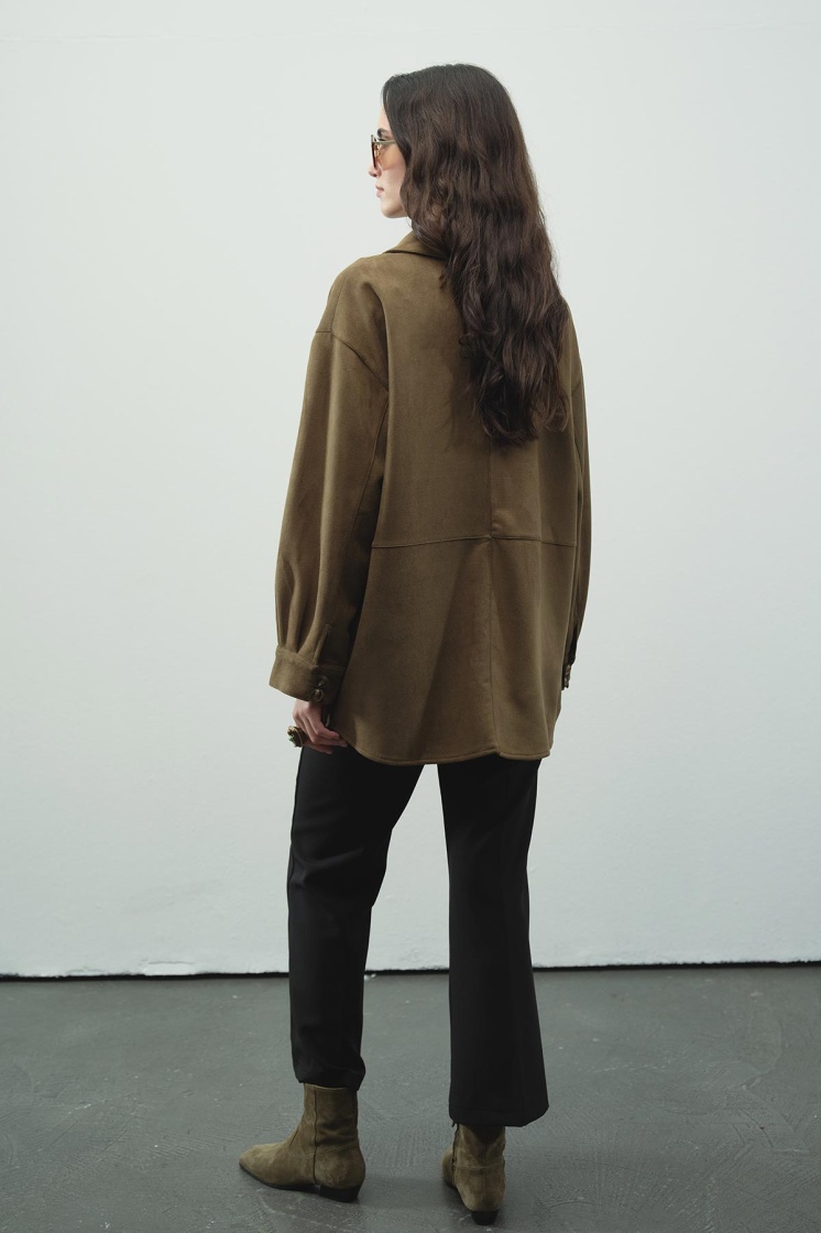 Suede Birit Detaylı Haki Süet Gömlek - 7