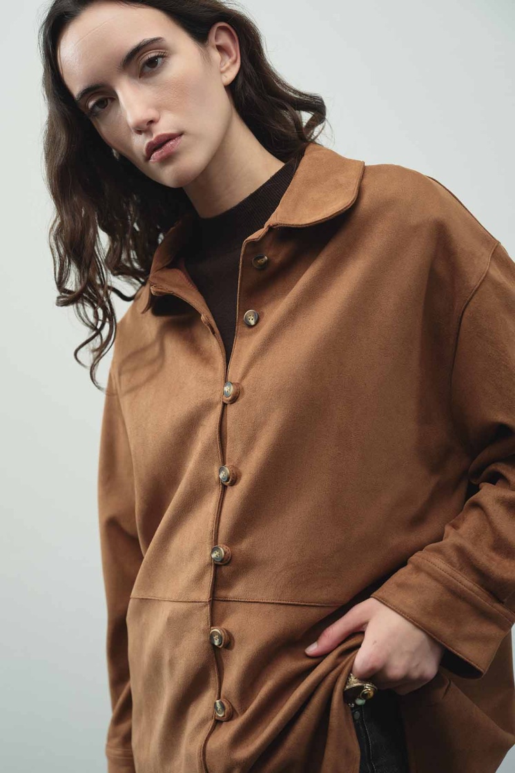 Suede Birit Detaylı Kahve Süet Gömlek - 6