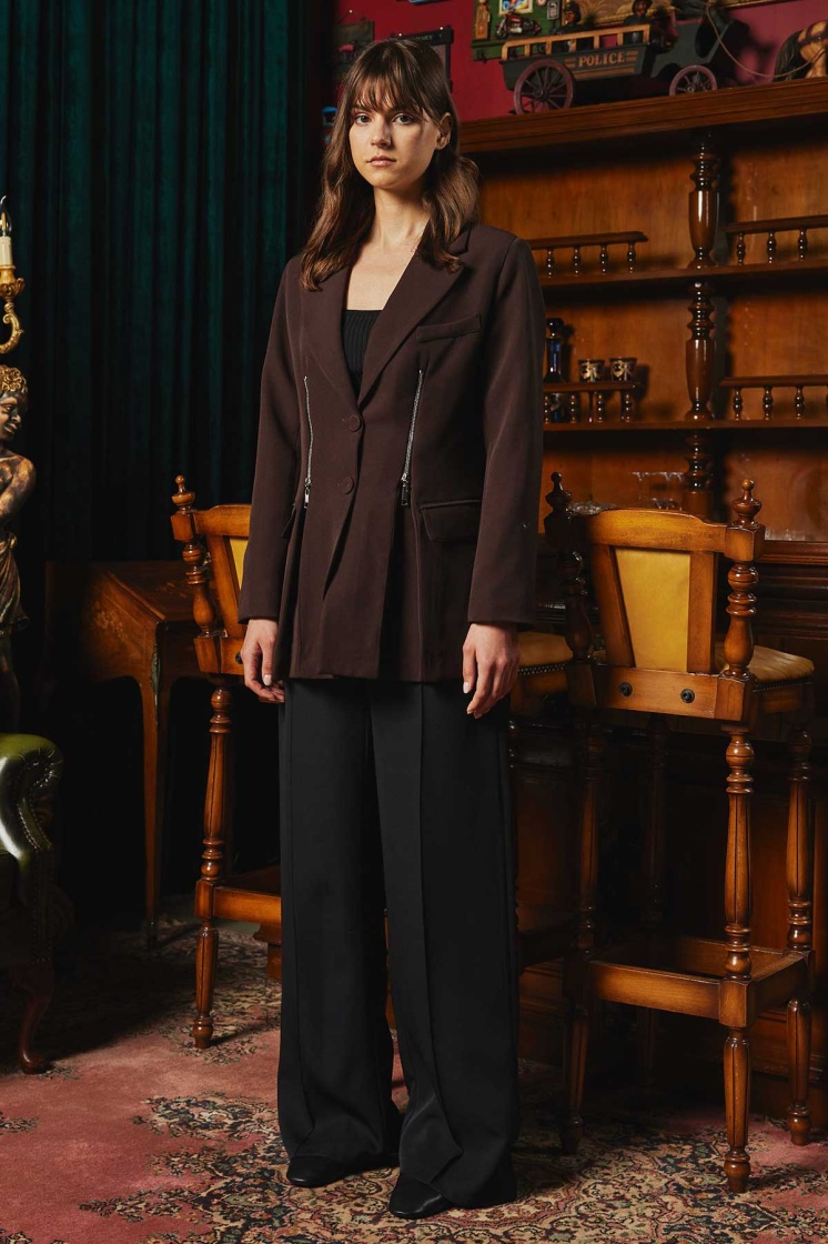 Fermuar Detaylı Kahve Blazer Ceket