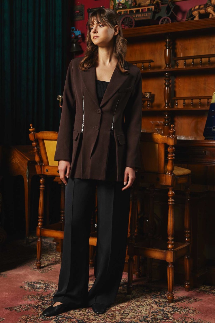 Fermuar Detaylı Kahve Blazer Ceket - 5