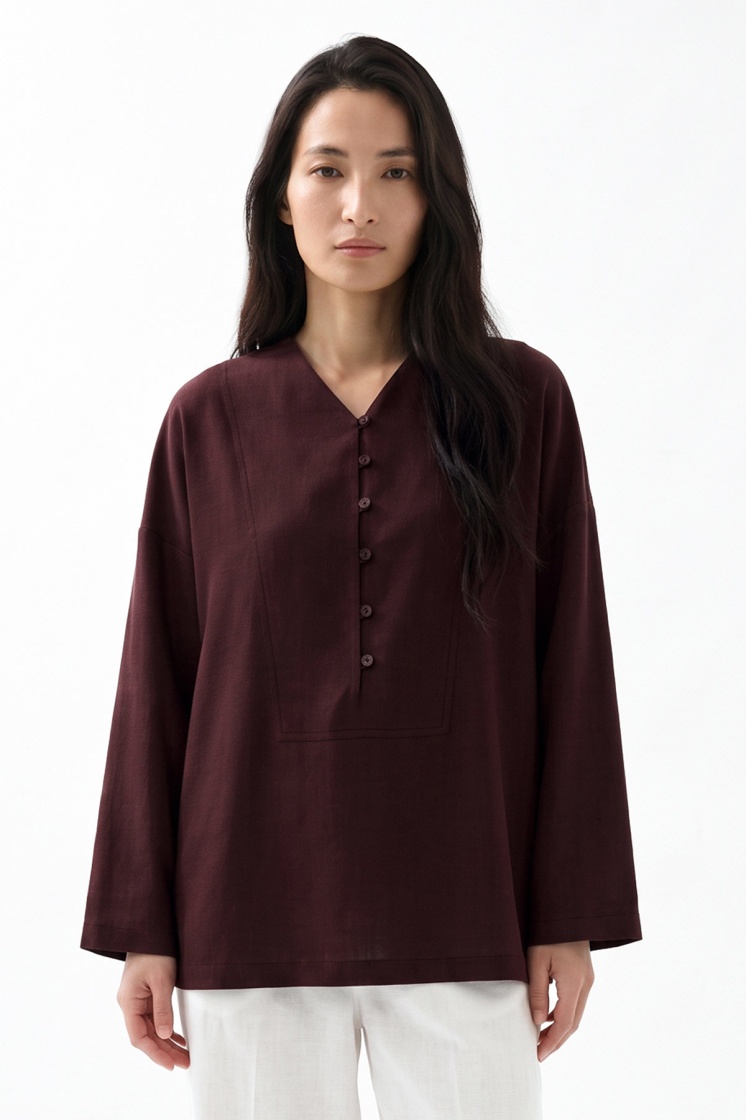 V Yaka Oversize Burganya Bluz