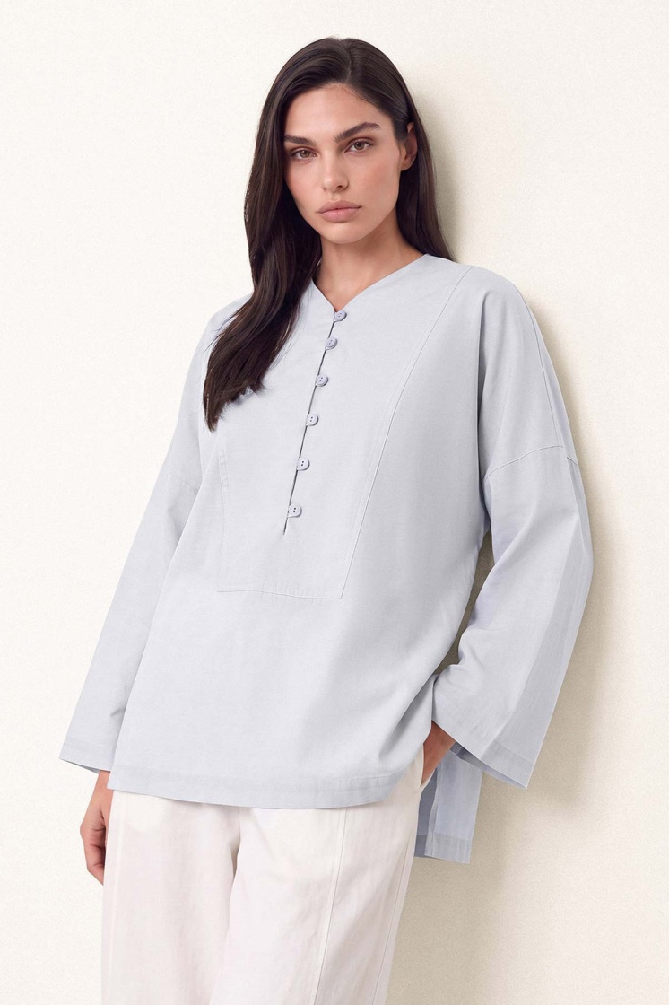 V Yaka Oversize Buz Mavi Bluz