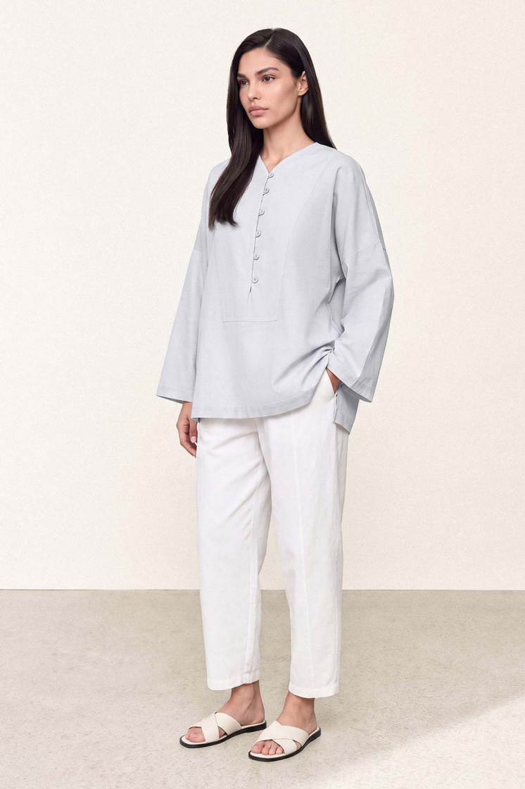 V Yaka Oversize Buz Mavi Bluz - 5