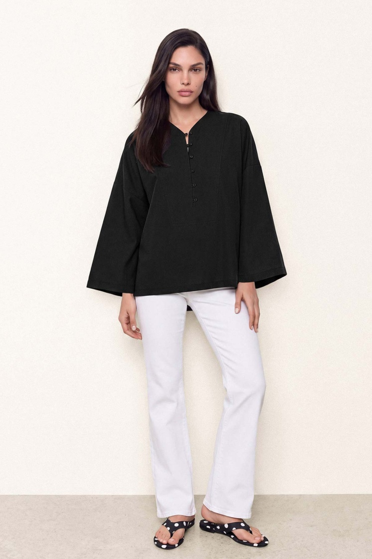 V Yaka Oversize Siyah Bluz
