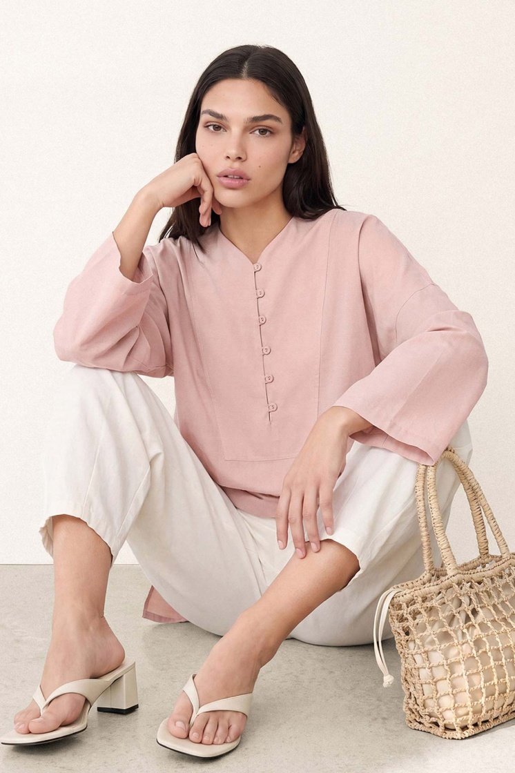 V Yaka Oversize Toz Pembe Bluz