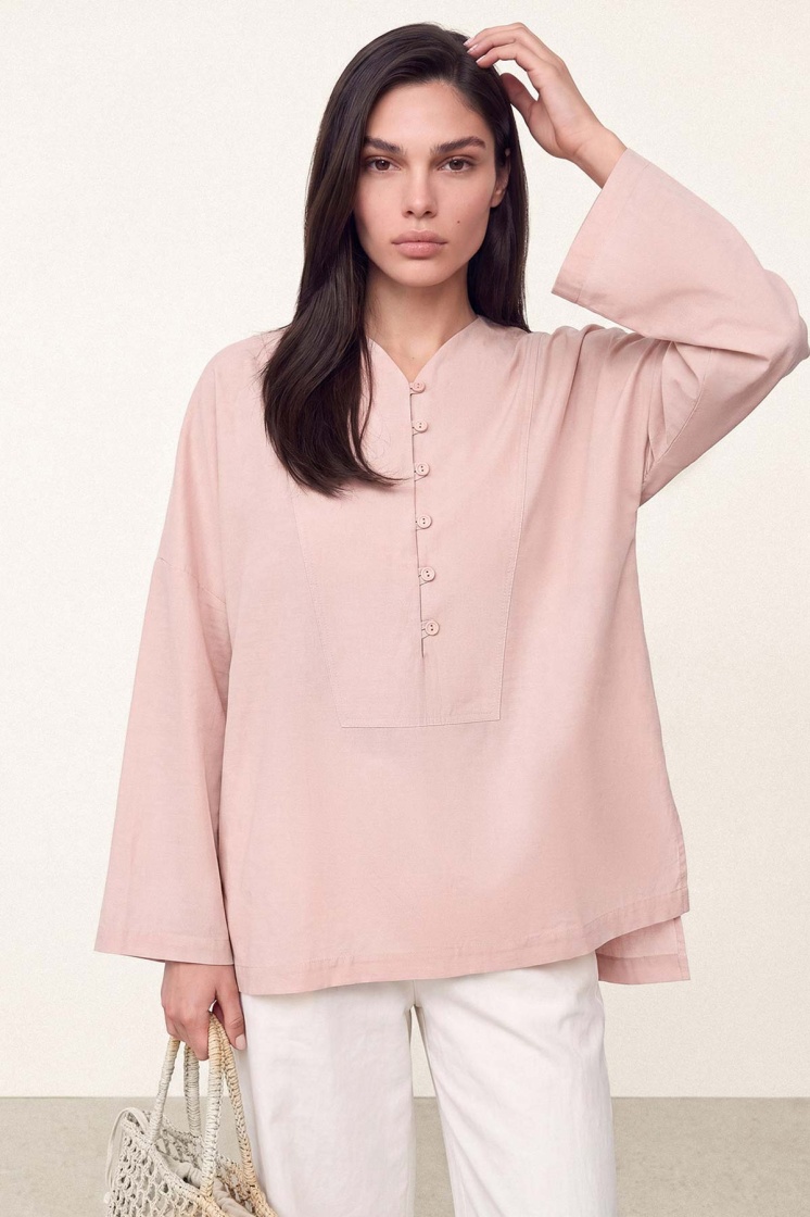 V Yaka Oversize Toz Pembe Bluz
