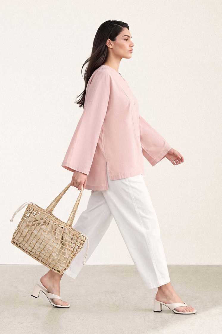 V Yaka Oversize Toz Pembe Bluz - 5