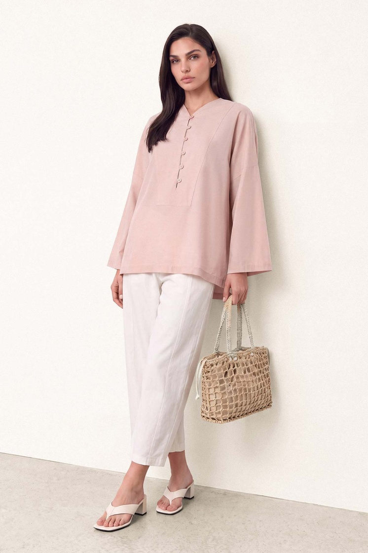 V Yaka Oversize Toz Pembe Bluz