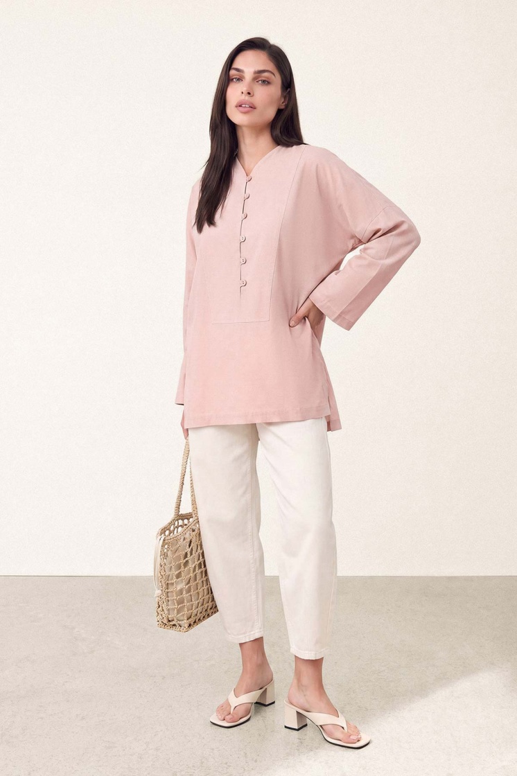 V Yaka Oversize Toz Pembe Bluz - 6