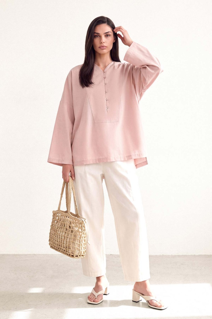 V Yaka Oversize Toz Pembe Bluz