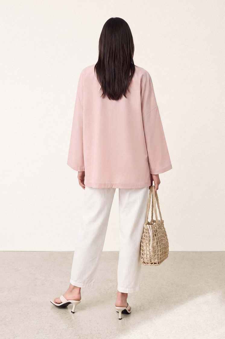 V Yaka Oversize Toz Pembe Bluz - 7