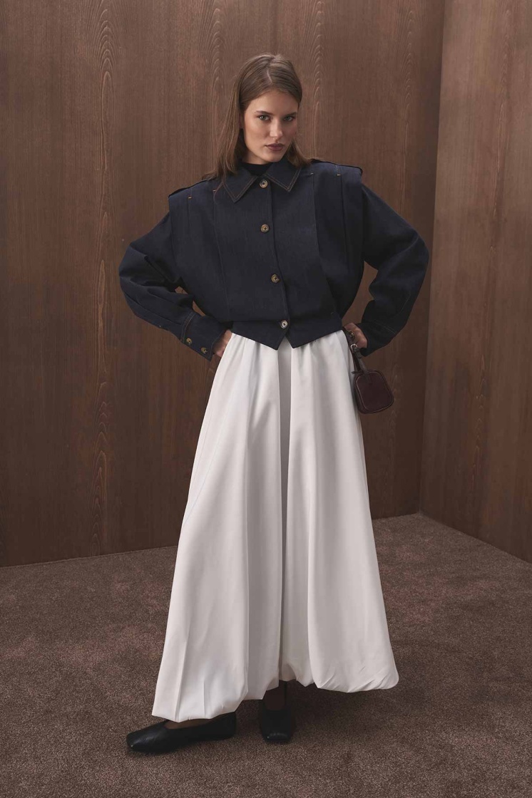 Vatkalı Denim Görünümlü Kısa Lacivert Ceket - 5